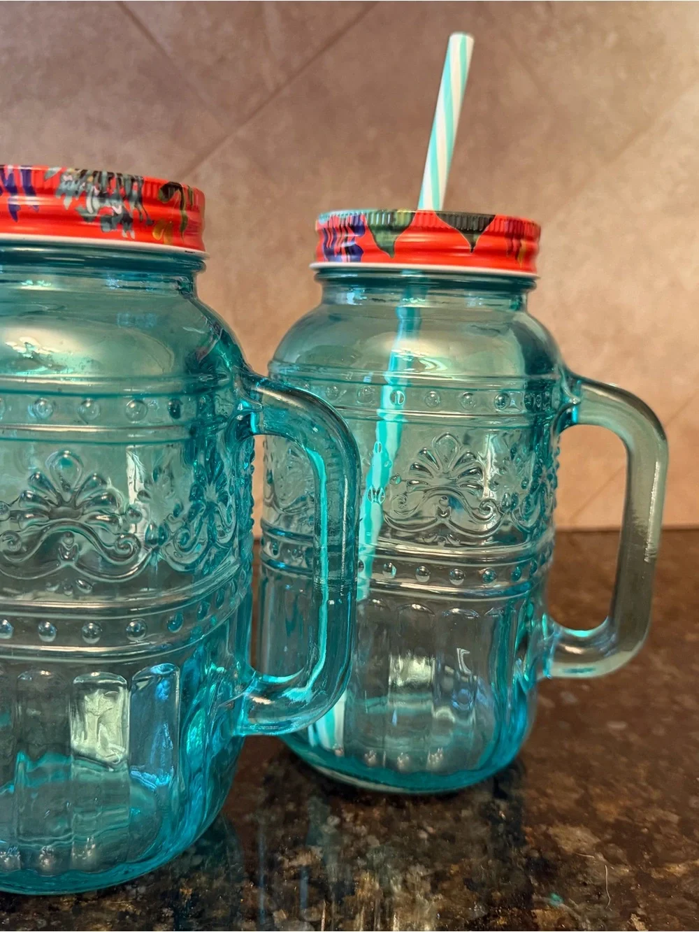 Pioneer Woman Turquoise Glass Mason-Style Drinking Jar with Handle and Straw